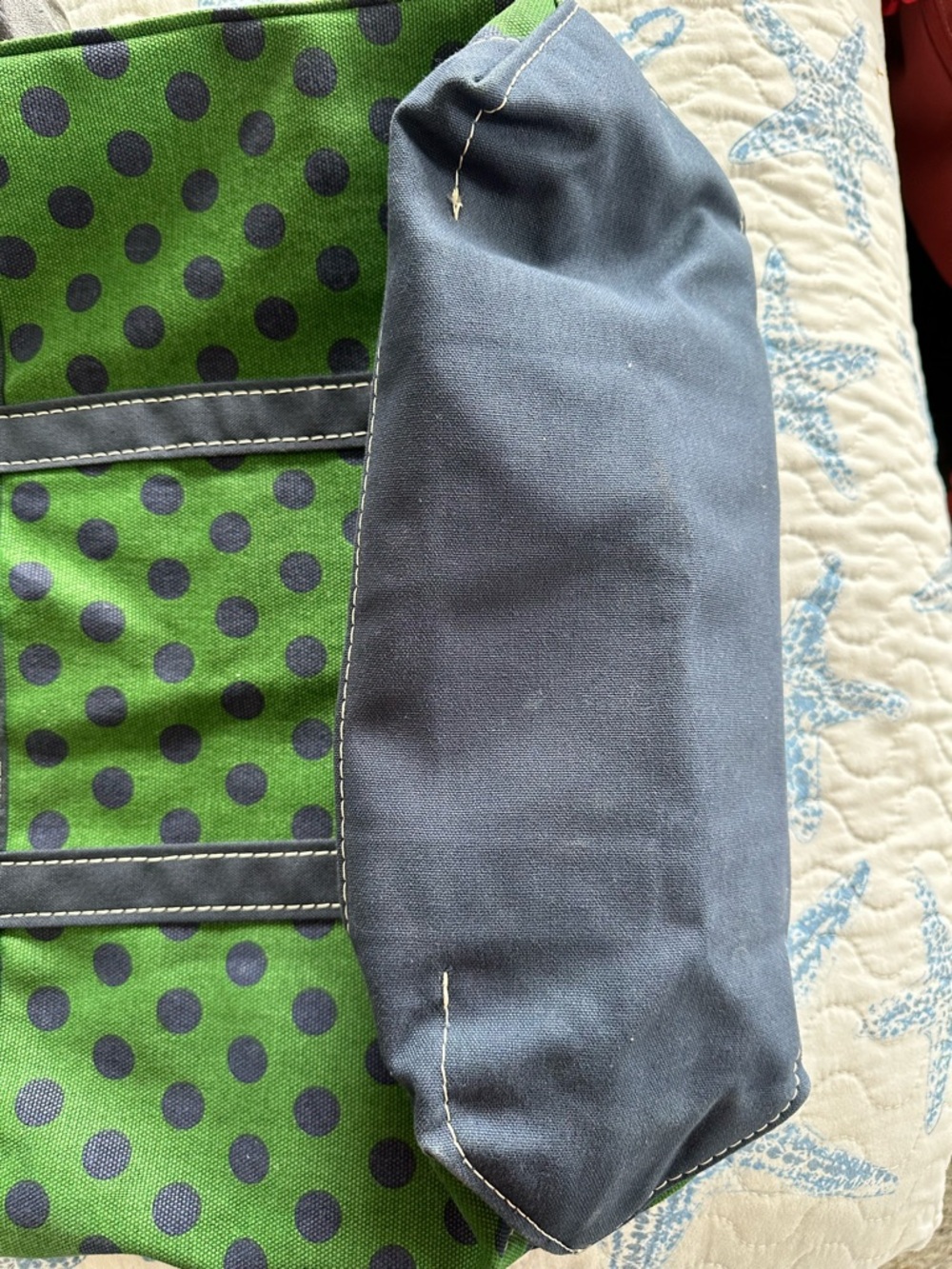 L.L. Bean Green Canvas Tote with Navy Polka Dots - Picture 5 of 6